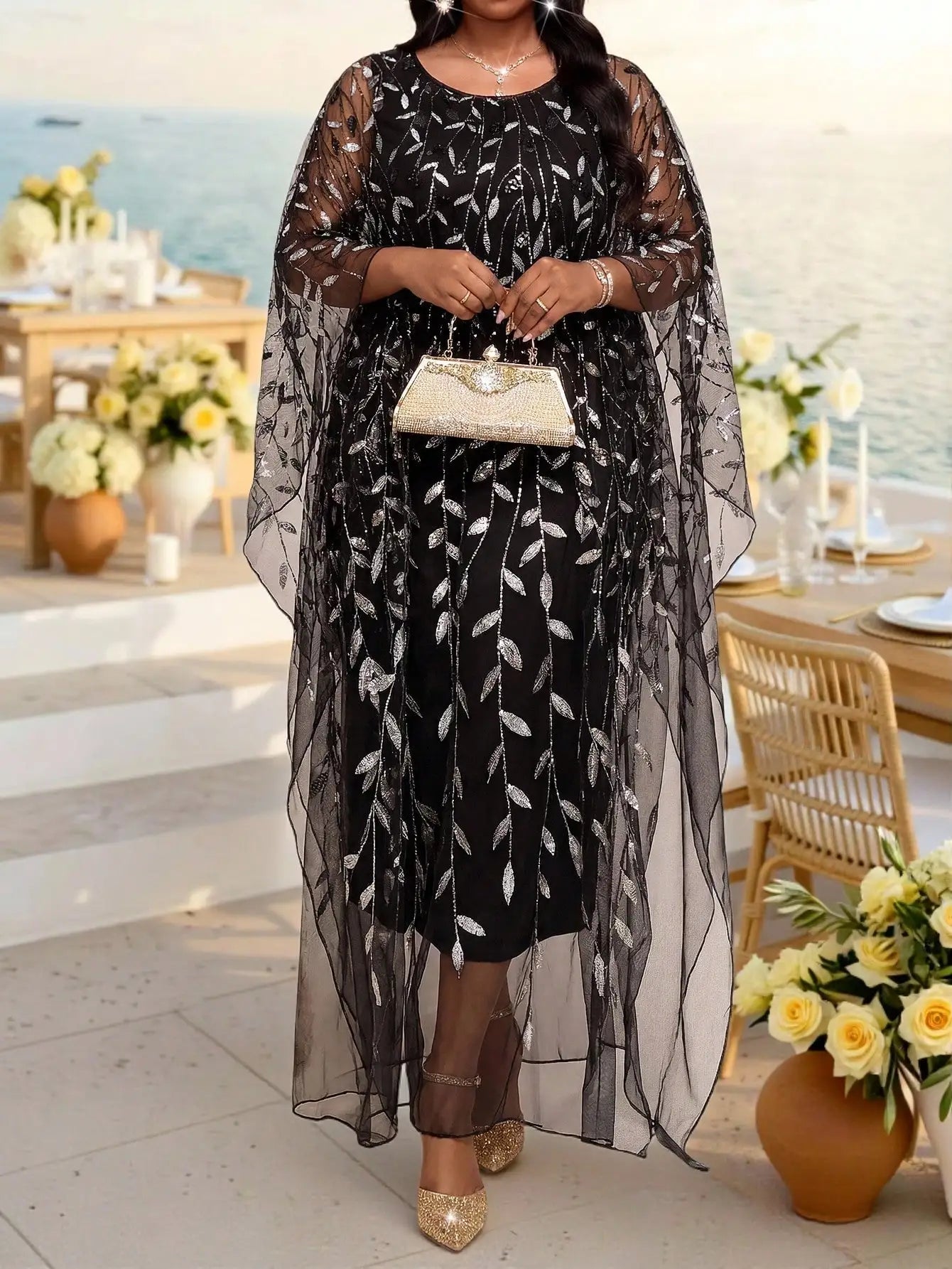 Elegant Leaf Pattern Round Neck Flowy Batwing Sleeve Sequined Long Dress For Women