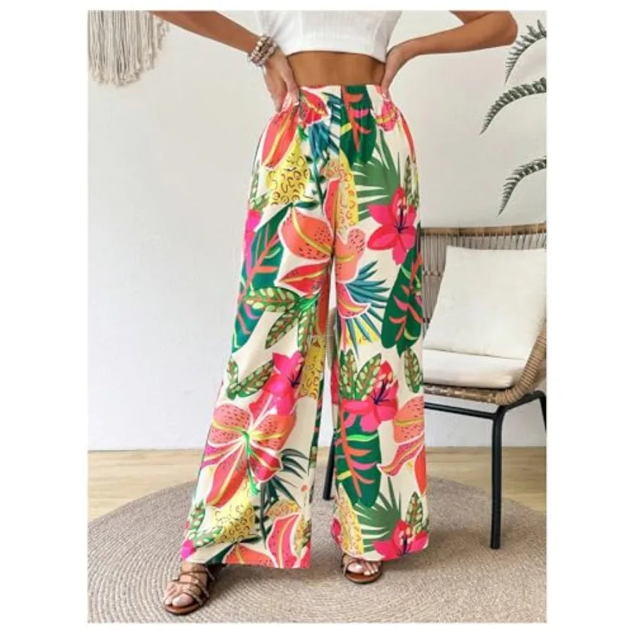 WDIRARA Women's Tropical Floral Print Elastic Waist Wide Leg Pants Palazzo Pants