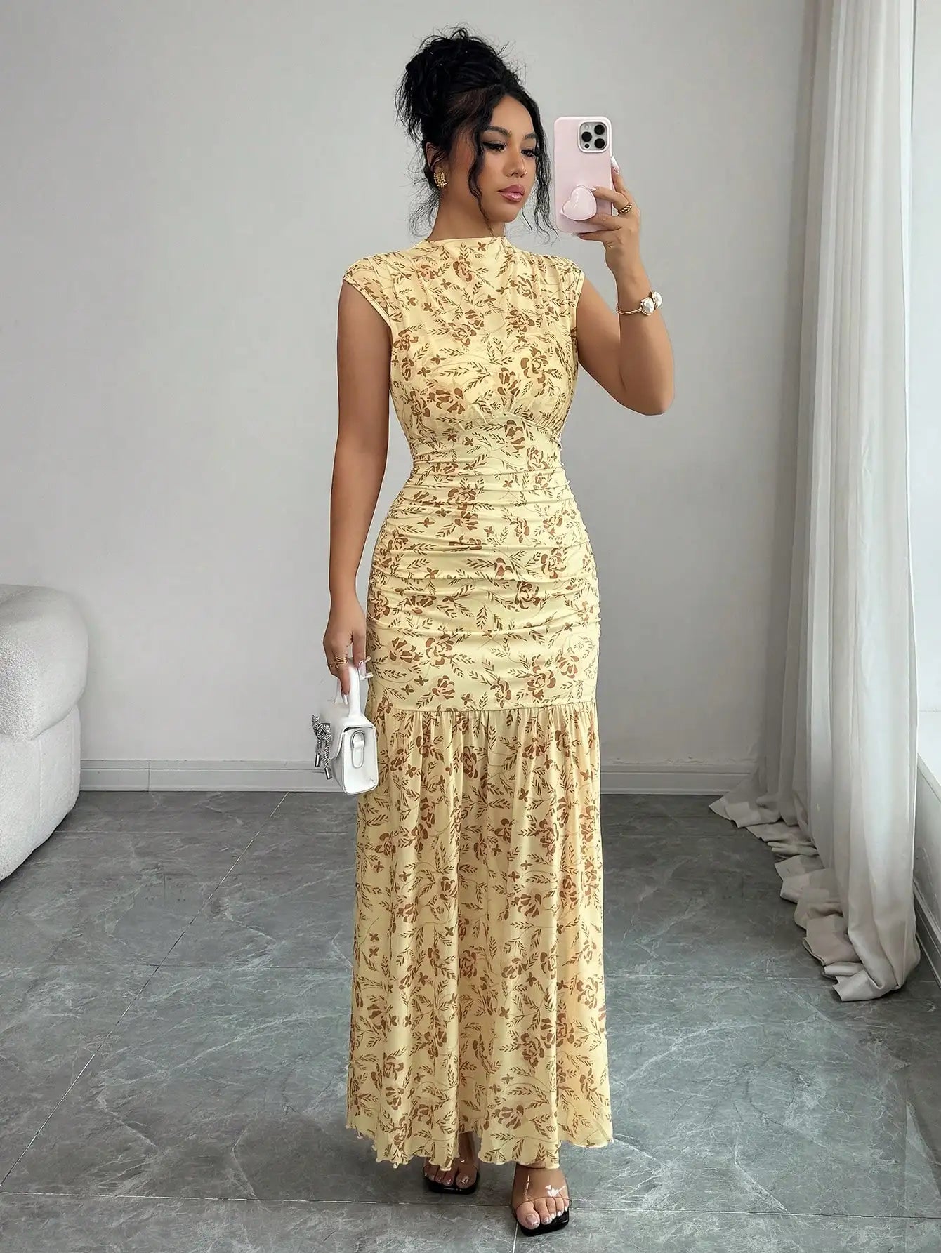 Yellow Floral Print Ruched Waist Elegant Floor-Length Dress For Women