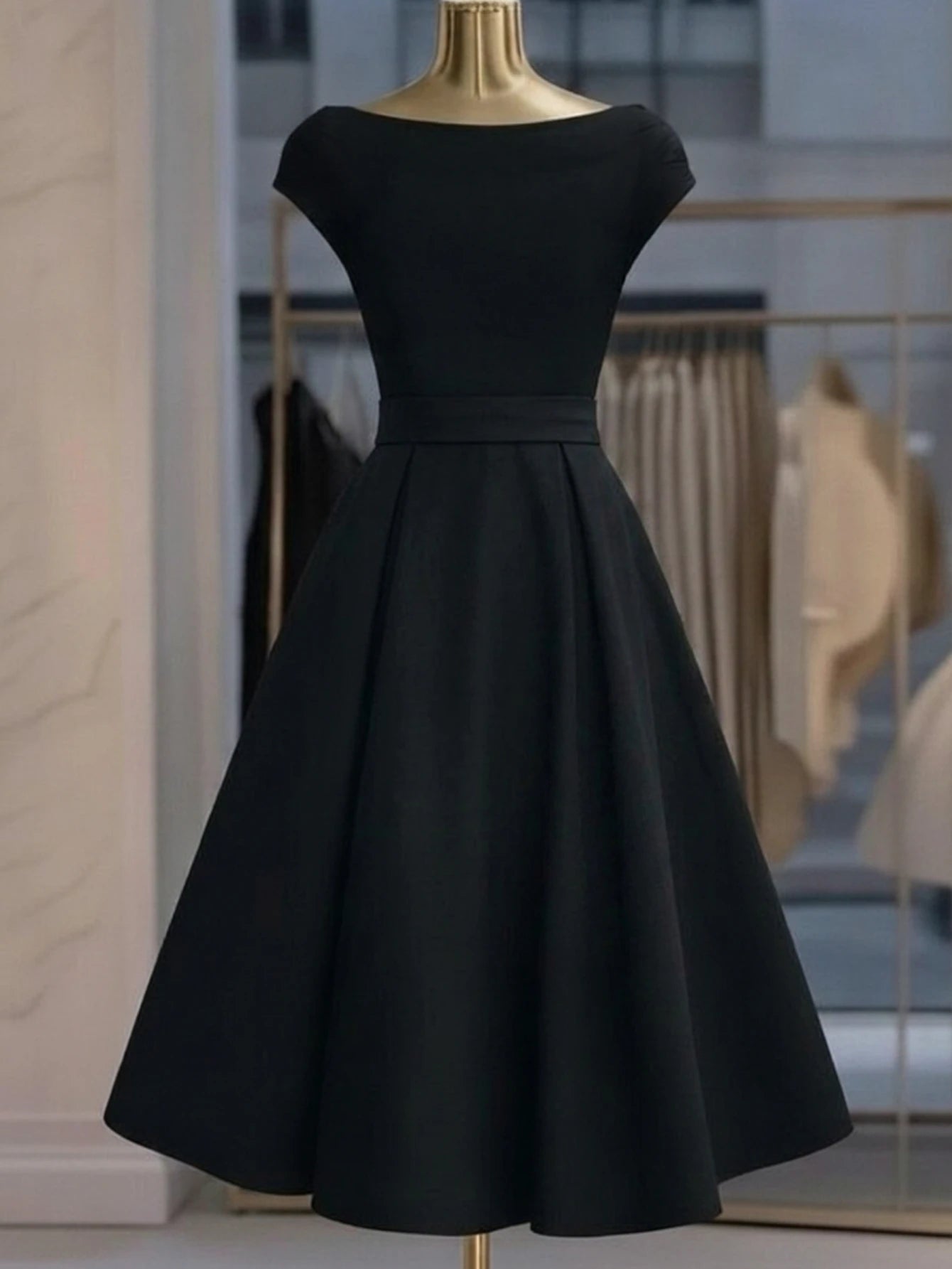 Off Shoulder Cap Sleeve Midi Dress For Women Self Tie Waist Bow A Line Swing Cocktail Party Vintage Black Dress