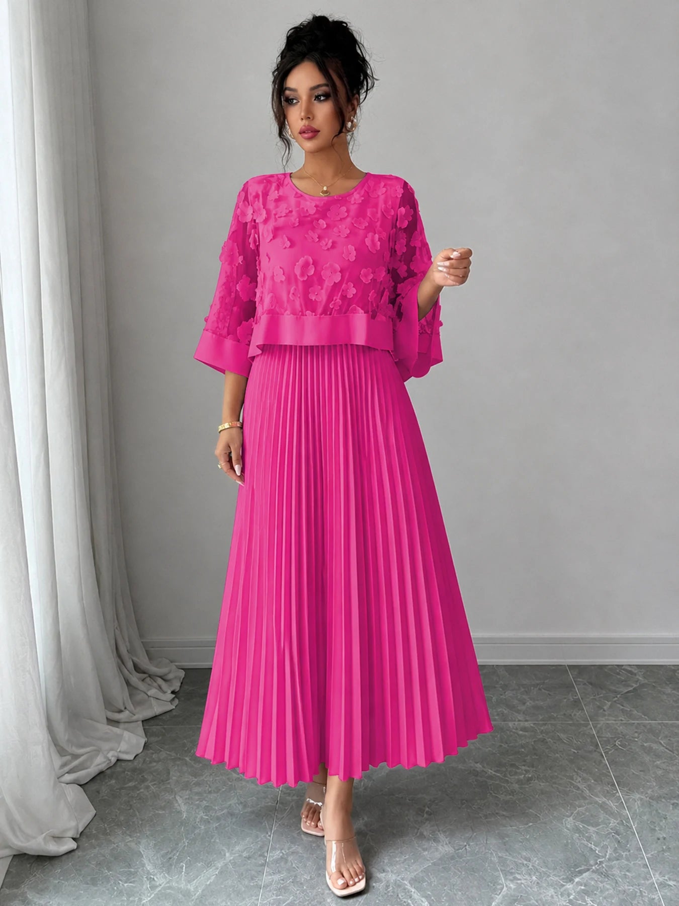 Elegant A-line Pleated Dress With Appliquéd Mesh Paneling, Vacation outfits women, Summer outfits for women