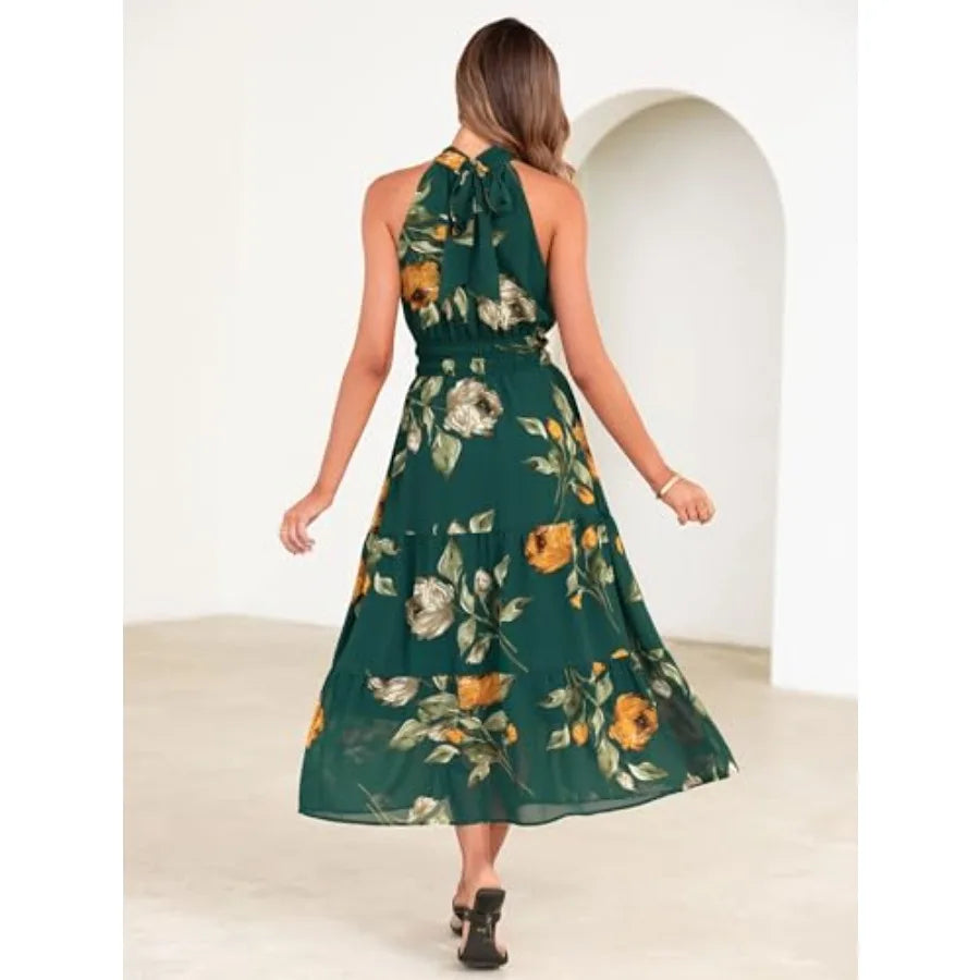 Simplee Womens Summer Halter Wedding Guest Dress Maxi Floral Vacation Boho Sundresses Flowy Formal Long Travel Dresses 2026