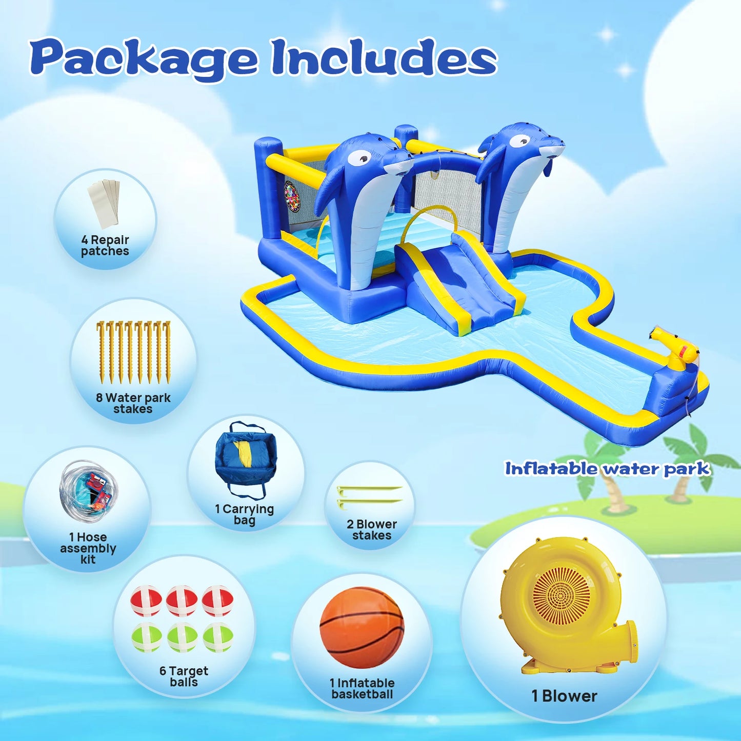 Elenxs 8 In 1 Inflatable Slide Water Park Trampoline Basketball