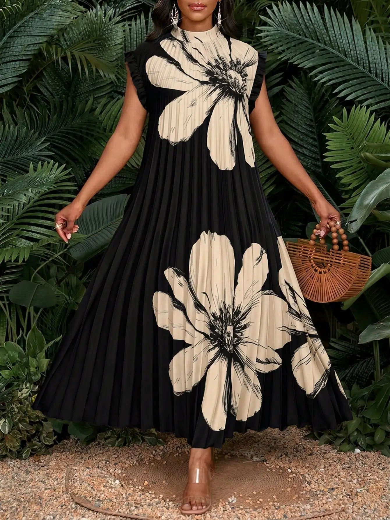 Pleated A-Line Maxi Dress With Stand Collar And Ruffle Cap Sleeves For Party Wedding Beach Event