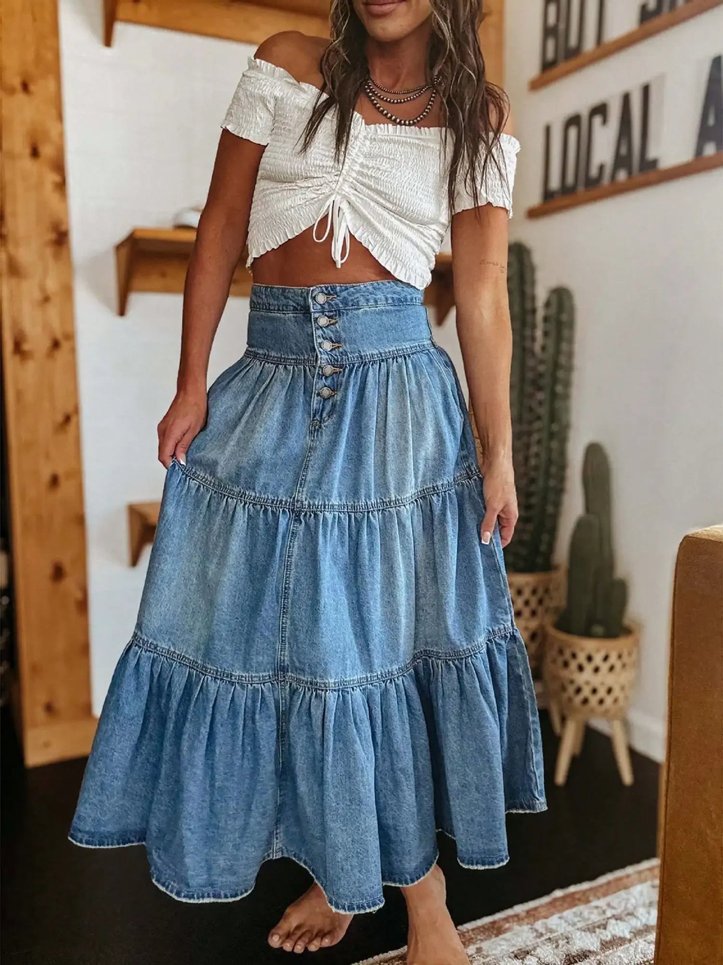 Women's High Waist Tiered Denim Skirt with Button Front and Ruffled Hem