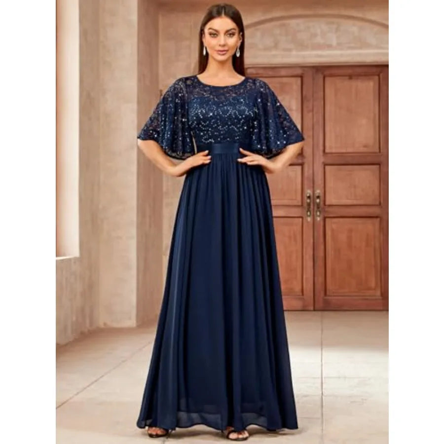 Women's Elegant Sequin Lace Butterfly Sleeve Formal Evening Maxi Dress