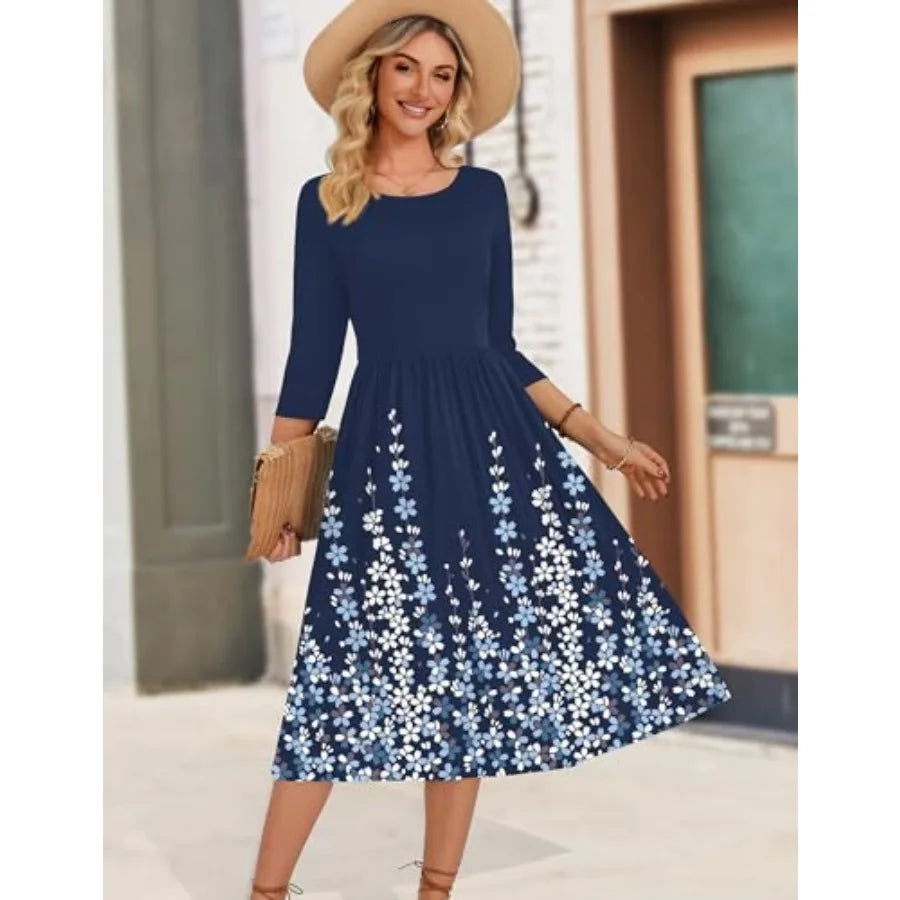 Zeagoo 3/4 Sleeve Women's Dress Casual Flowy A-Line Midi Tshirt Dresses with Pockets Crewneck Vocation Boho Beach Sundress