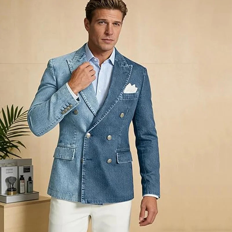 Denim Men's Suit Jacket Double Breasted Peak Lapel Slim Fit Casual Blazer Outing Date Night Trendy Party Fashion Costume Homme