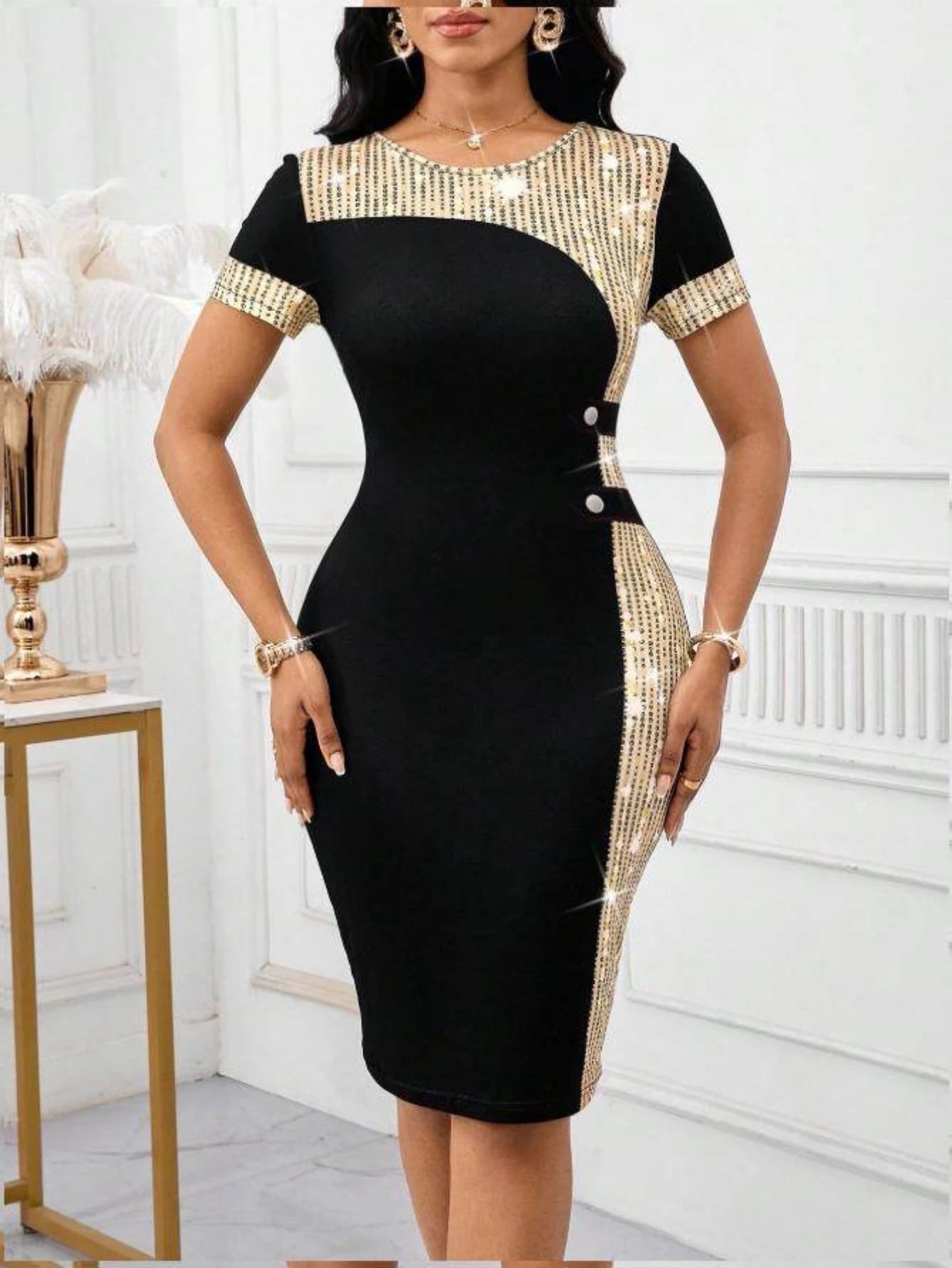 Women's Round Neck Short Sleeve Color Block Bodycon Midi Dress For Business Banquet Evening Event Formal Fashion Occasions