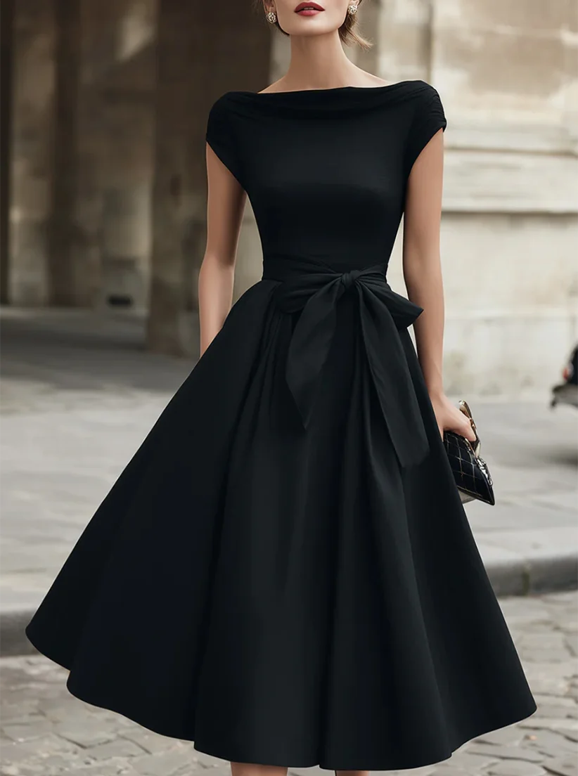 Off Shoulder Cap Sleeve Midi Dress For Women Self Tie Waist Bow A Line Swing Cocktail Party Vintage Black Dress