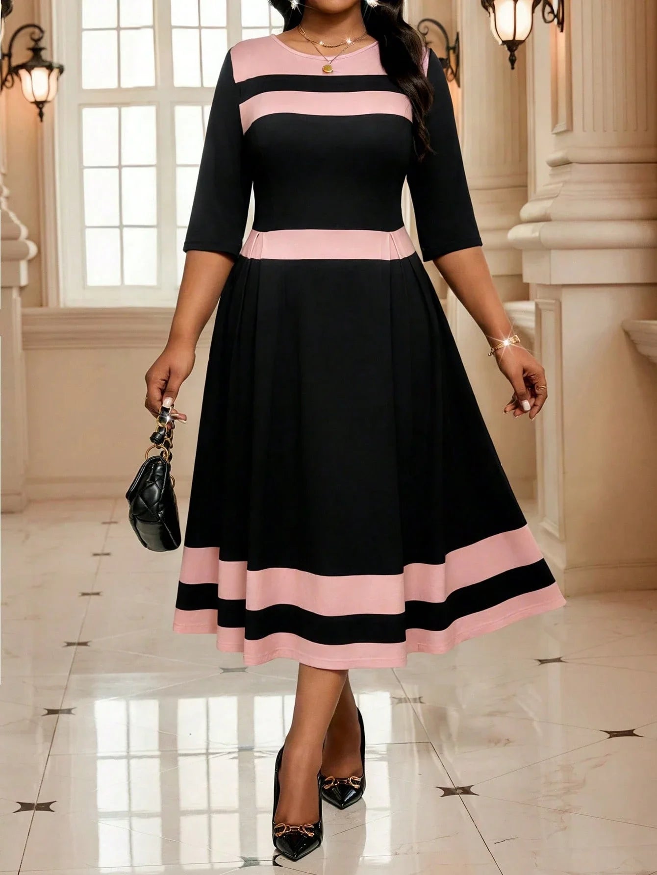 Elegant Color Block Striped Midi Dress Knee Length Black And Pink Women Spring Summer Outfit