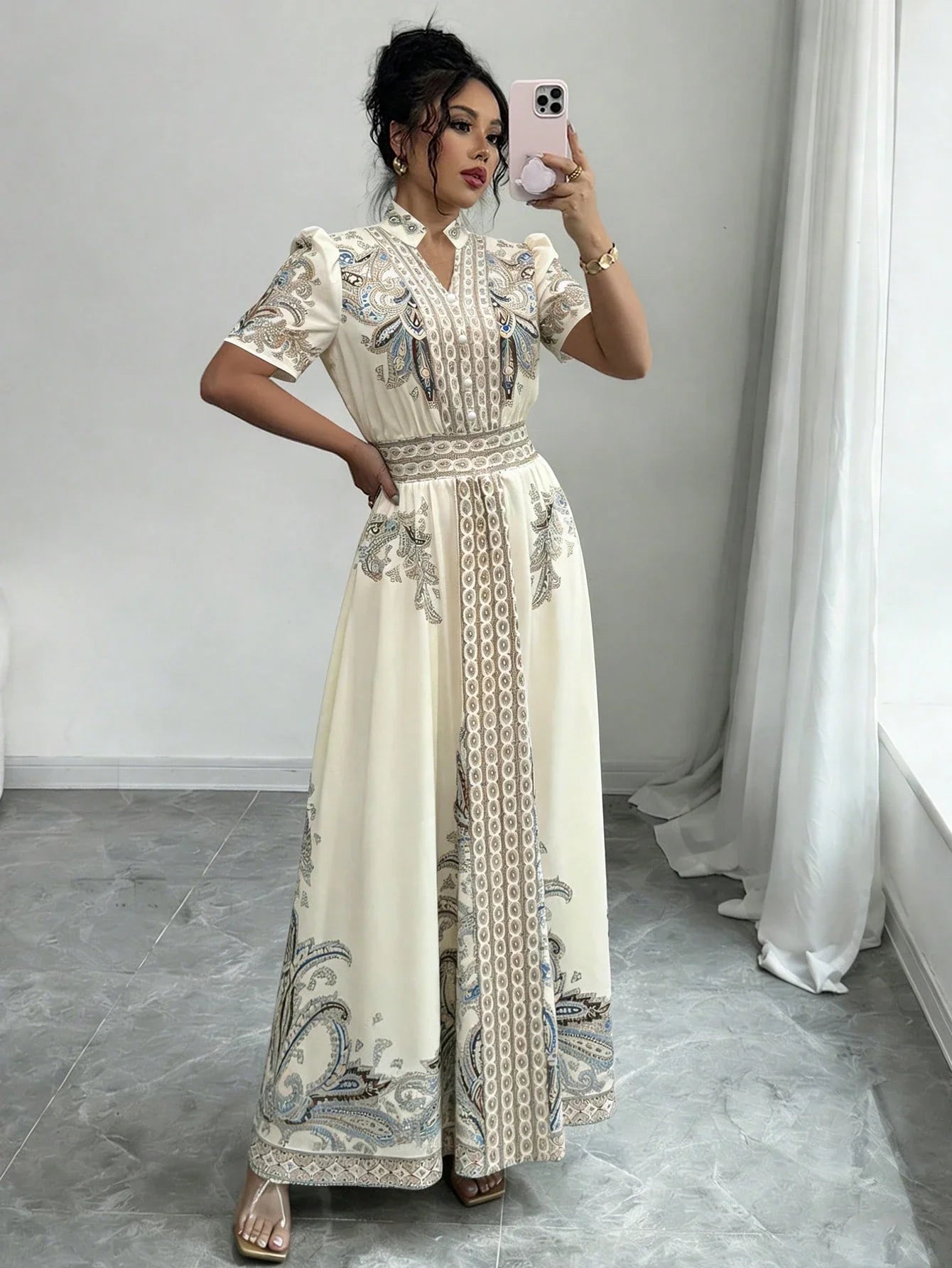 Elegant A-Line Maxi Dress With Puff Sleeve Notched Neck Embroidered Paisley Pattern