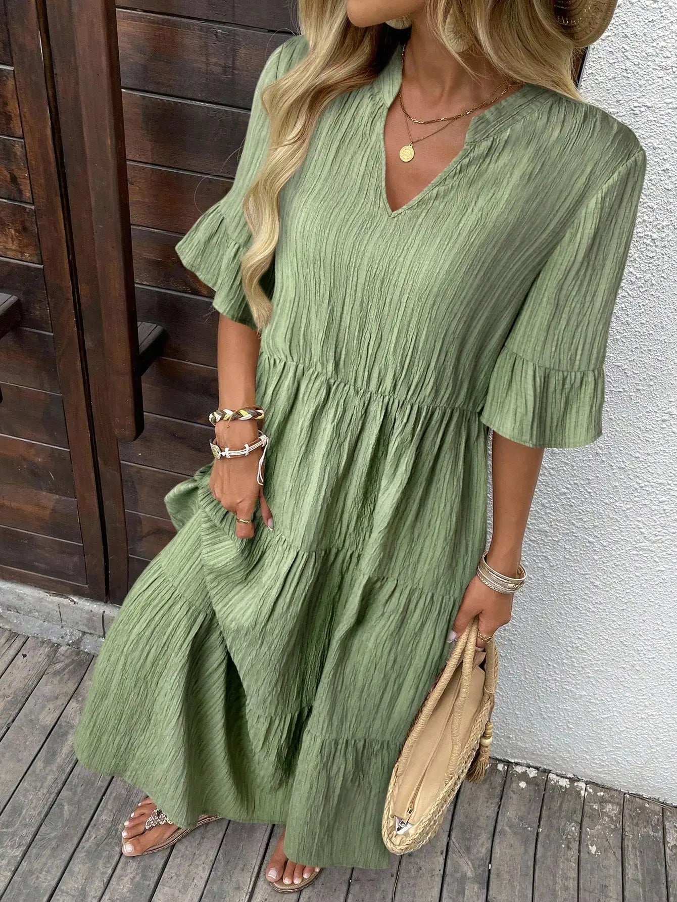 Women Solid Color Casual Short Sleeve Tiered Maxi Dress V-Neck A-Line Summer Vacation Dress