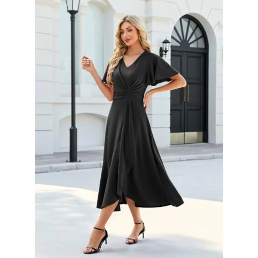 QMZ Wedding Guest Dresses for Women Have Pockets Cocktail Dress Ruffle Sleeve A Line Evening Party Formal Dresses for Women