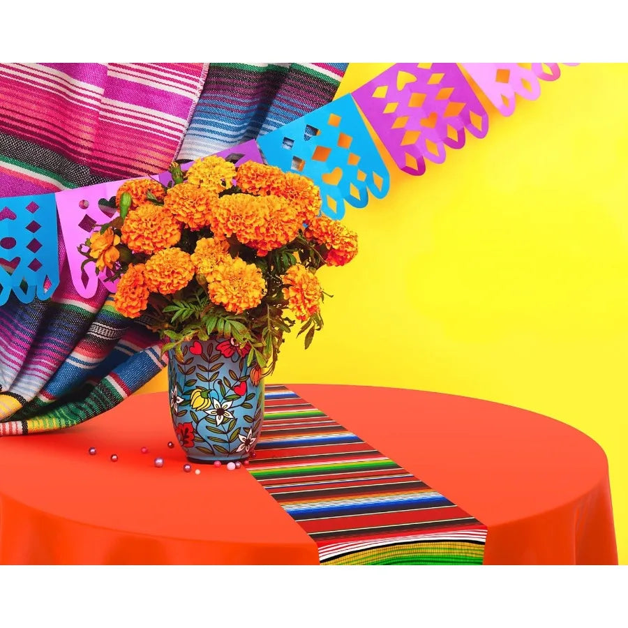 24 Pcs Mexican Fiesta Tablecloth 84 Inch Plastic Tablecover Waterproof Round Tablecloth Striped Serape Table Runner for Mexican