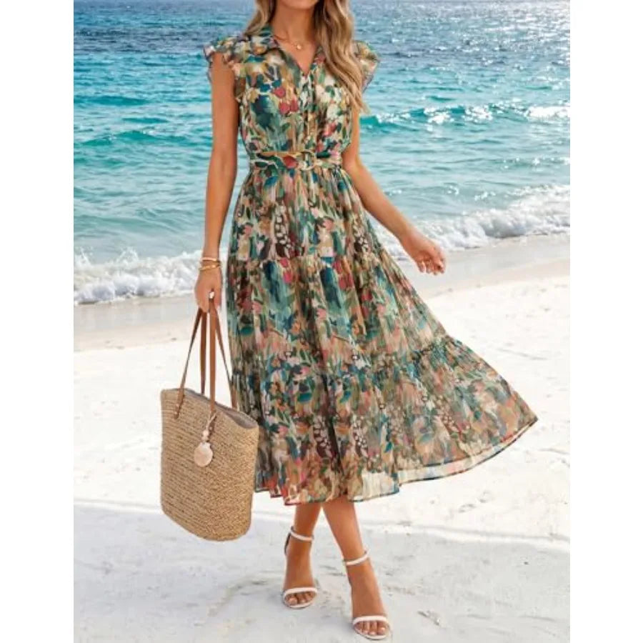 ZESICA Women's Summer Floral Midi Dress 2026 Casual Flutter Short Sleeve Chiffon Button Down Wedding Guest Party Dresses