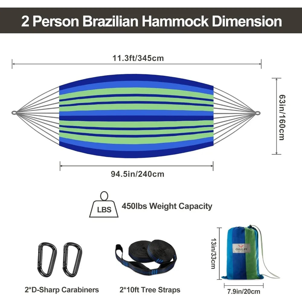 Extra Large Double Cotton Hammock 240×160cm, 450lbs Load Capacity with Tree Straps, Indoor Outdoor Camping Swing Bed