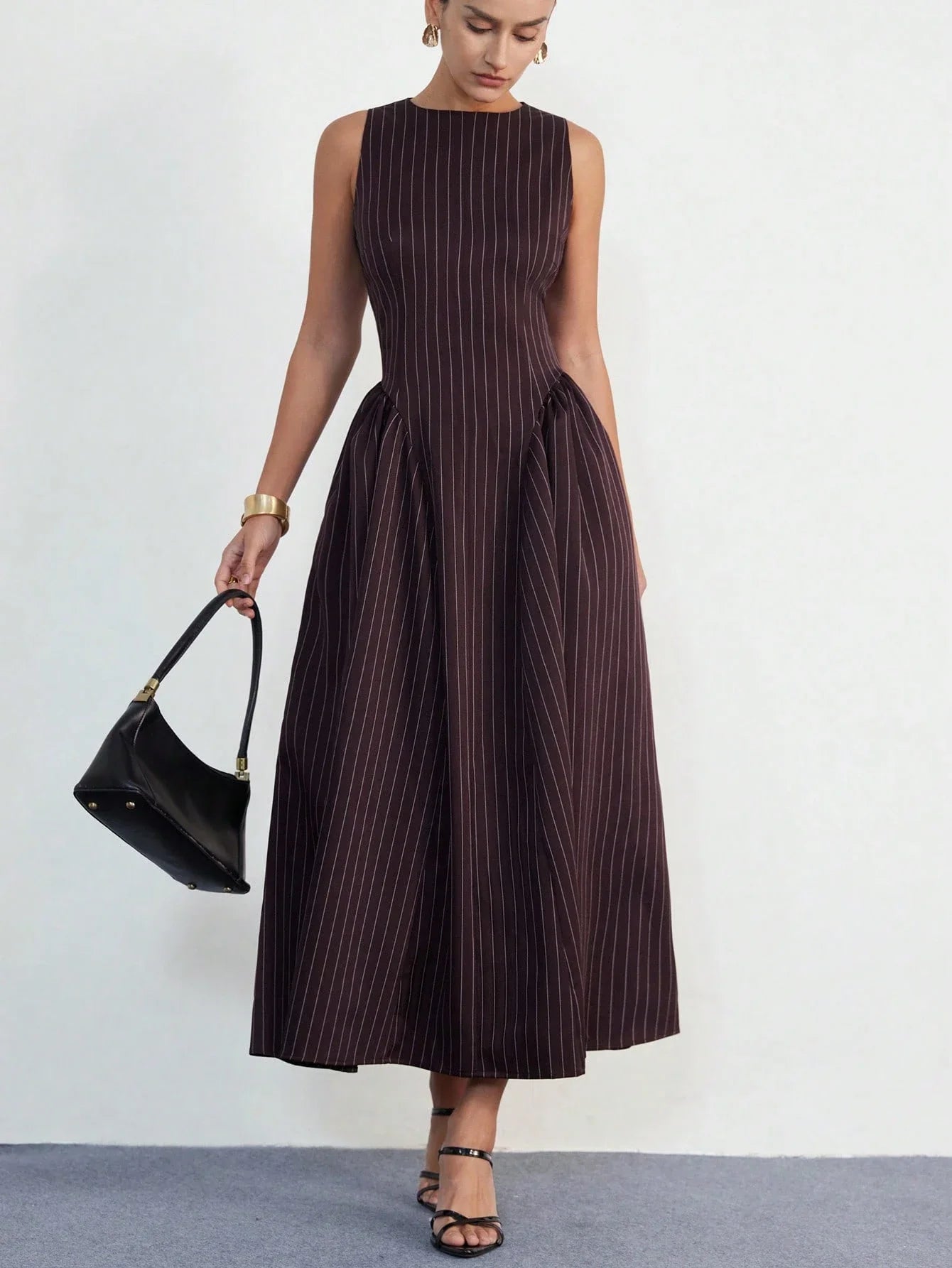 Sleeveless Pinstripe Princess Dress With Ruched Flared Skirt Round Neck Waist Cinched Elegant Midi Dress