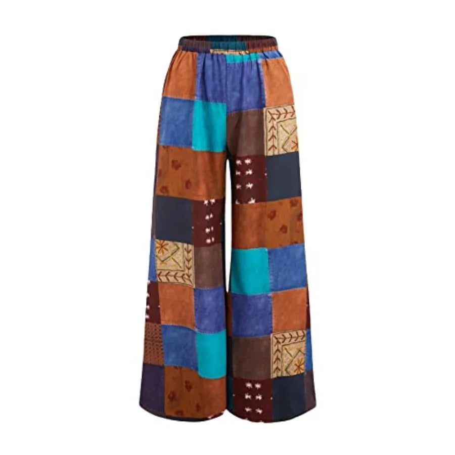 WDIRARA Women's All Over Print Patchwork Wide Leg Hippie Elastic High Waist Boho Pants