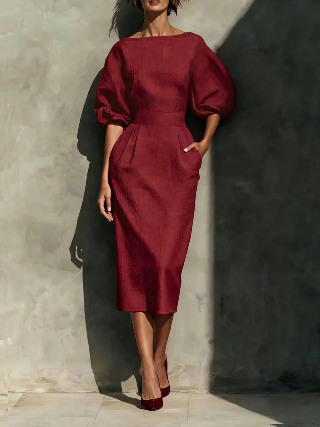 Elegant Wine Red Round Neck Midi Dress With Pockets And Back Slit