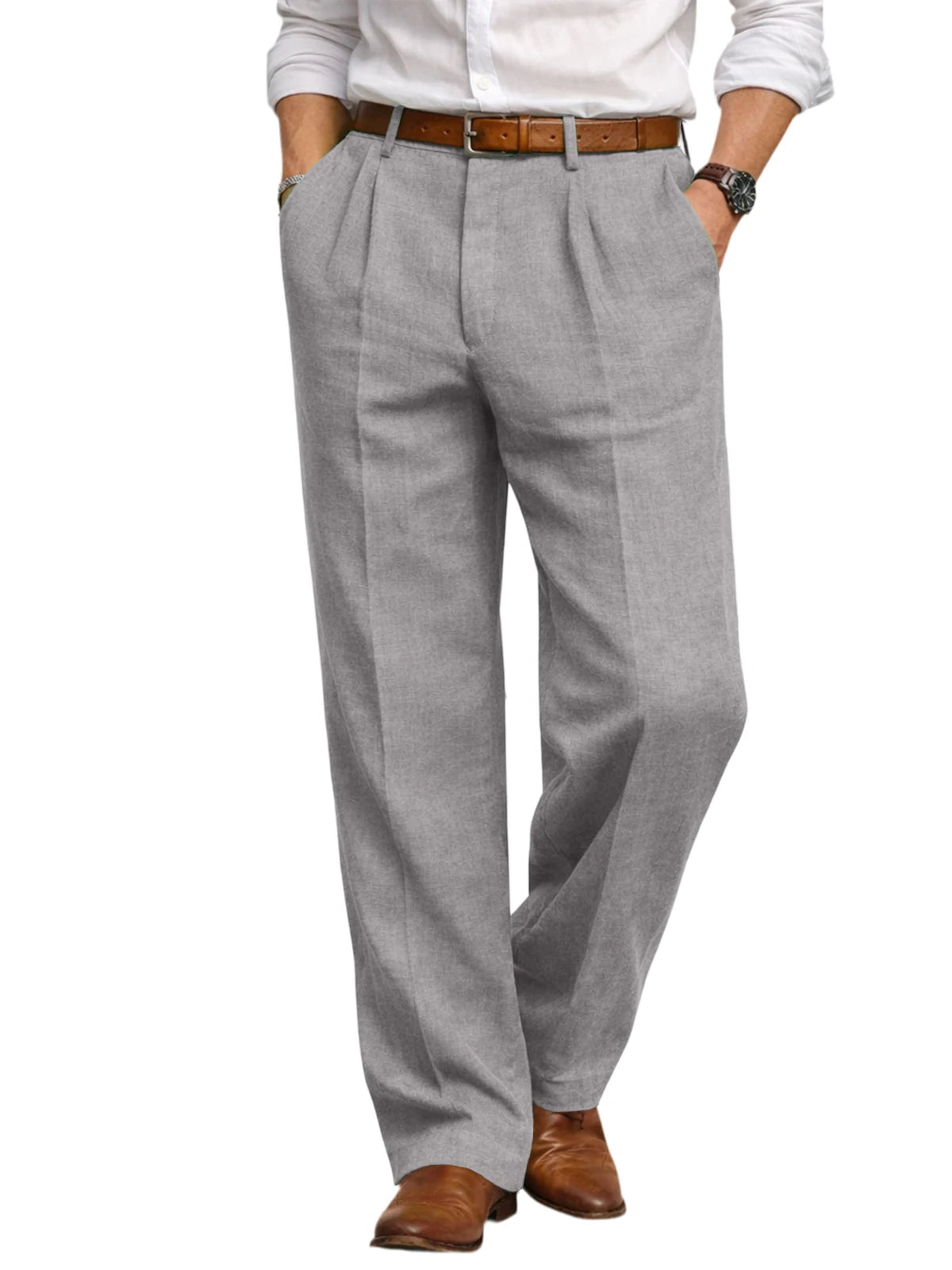 Men's Summer Linen Suit Pants High Waist Pleated Wide Leg Casual Trousers Business Formal  Breathable Loose Fit Straight Pants