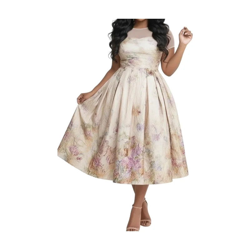 Women's Mock Neck Short Sleeve Printed Pleated Midi Dress For Daily Banquet Wedding Guest Gentle Fashion Occasions
