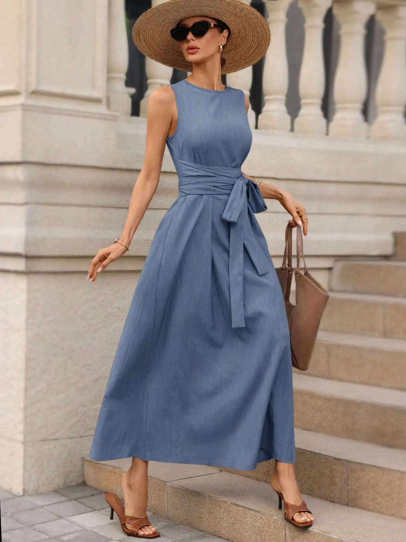 Women's Round Neck Plaid Knotted Waist A-Line Dress For Party Casual Outing