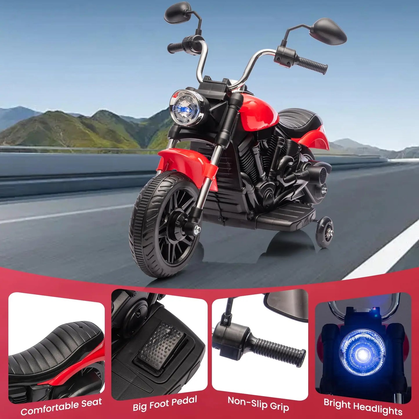 2-Wheel Kids Ride On Motorcycle 12V Battery Powered With Training Wheels Reverse Headlight Music Toddler Toy