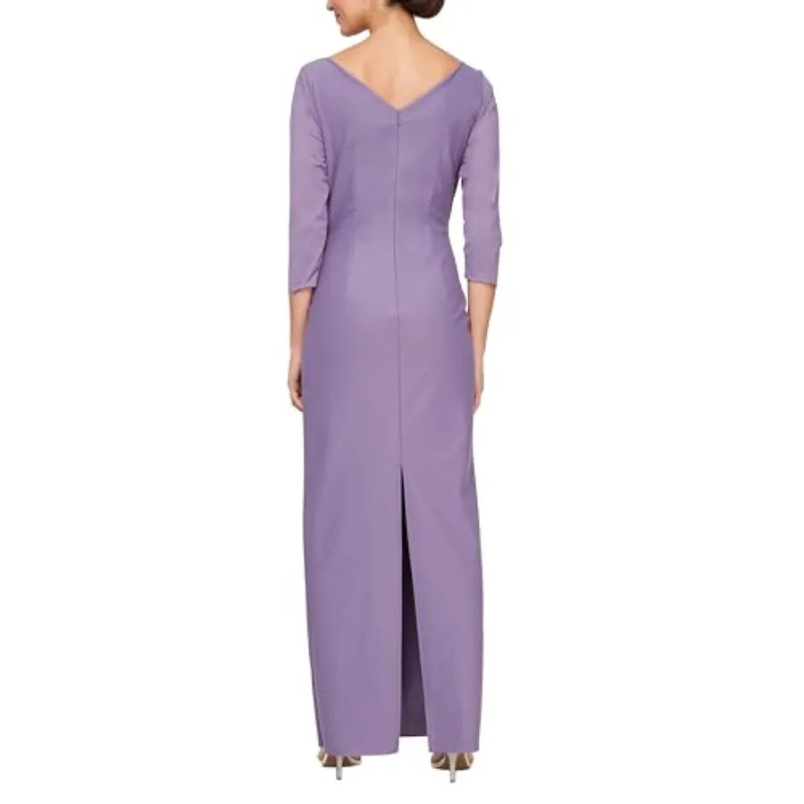 Women's Slimming Long Length ¾ Sleeve Mother of The Bride Dress with Cascade Ruffle Skirt and Side Ruching