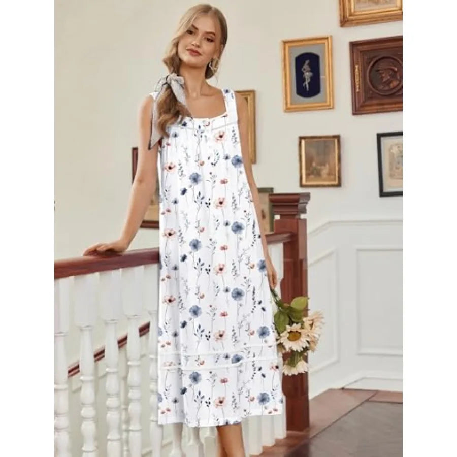 Ekouaer Nightgowns for Women Cotton Long Night Gowns Sleeveless Sleep Dress Victorian Nightdress Ladies Sleepwear XS-4XL