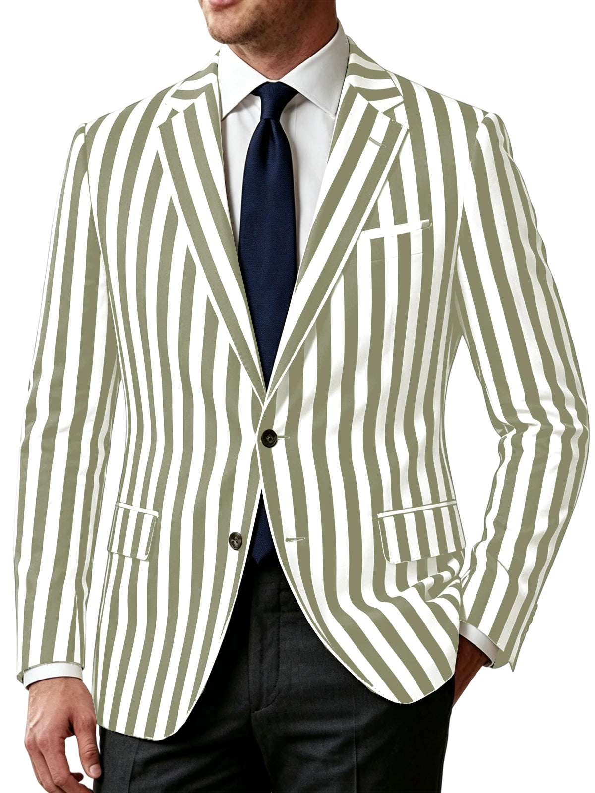 Men's Vertical Striped Blazer Slim Fit Single Breasted Casual Business Sport Coat Lightweight Formal Jacket For Office Wedding