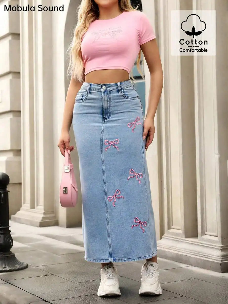 Cute Pink Bow Embroidered Bodycon Denim Midi Skirt for Women