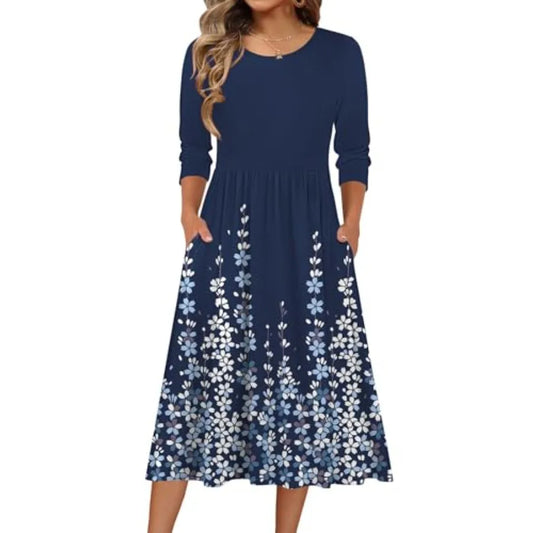 Zeagoo 3/4 Sleeve Women's Dress Casual Flowy A-Line Midi Tshirt Dresses with Pockets Crewneck Vocation Boho Beach Sundress