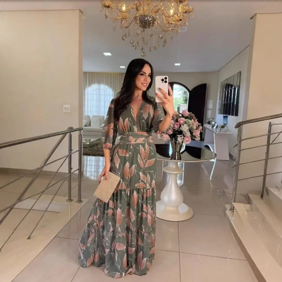 2026 European and American women's clothing summer new style V-neck fashionable elegant printed long dress for women