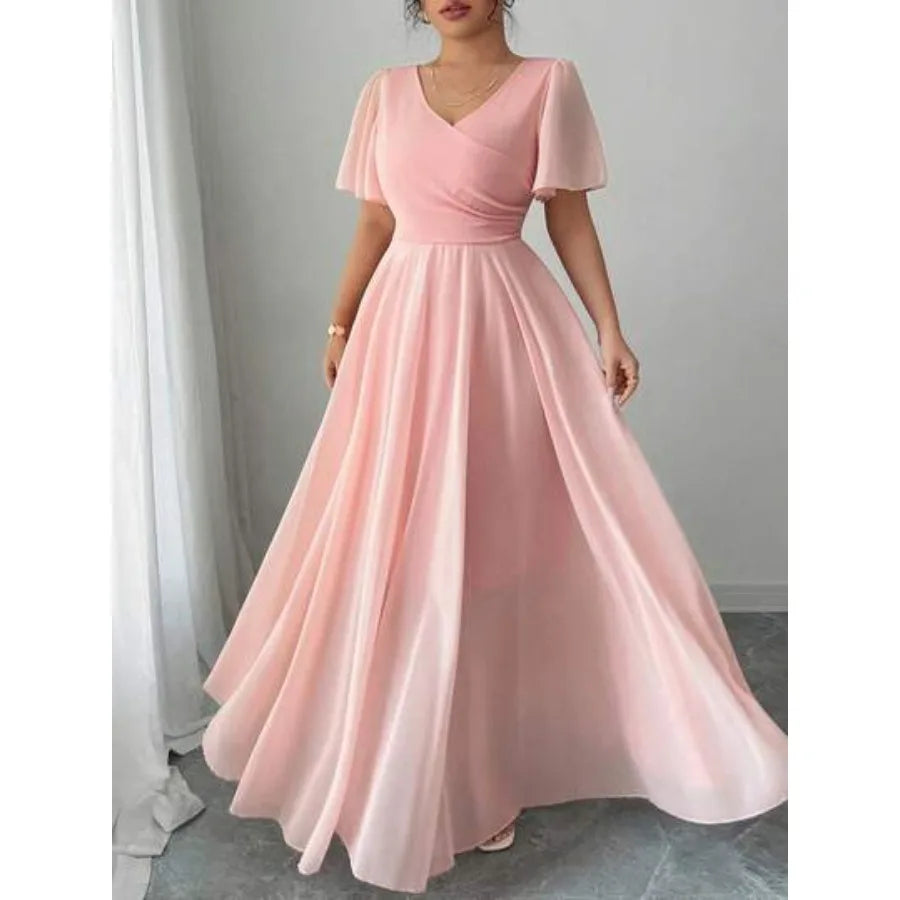 【New style】 Elenzya Plus Size Women Chiffon Ruffle Sleeve V-Neck A-Line Dress, Simple Elegant Romantic Graceful Flowing