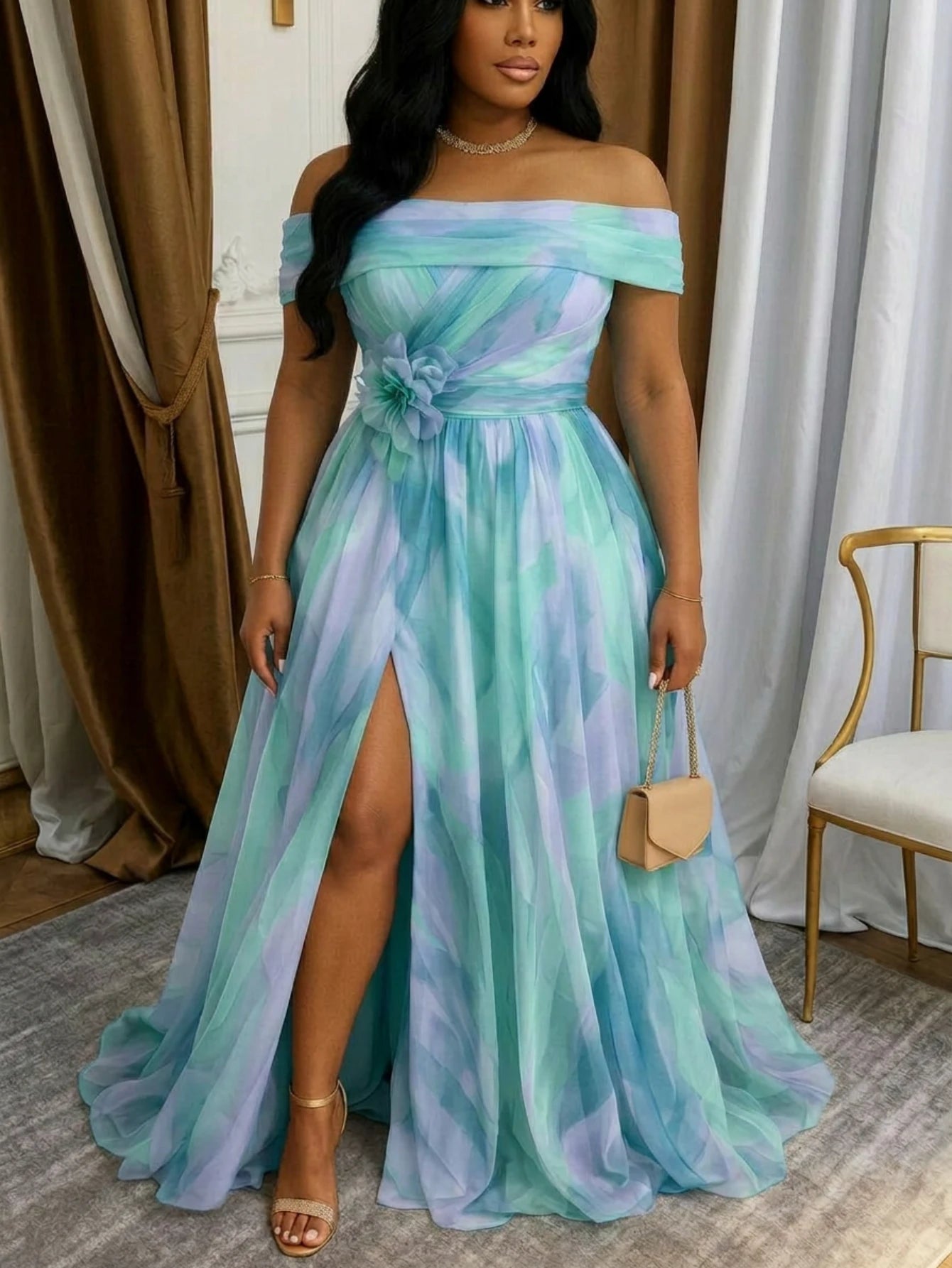 Women's Off Shoulder Printed Split Flowy Maxi Dress Big Size For Wedding Guest Evening Formal Party Banquet Fashion Occasions