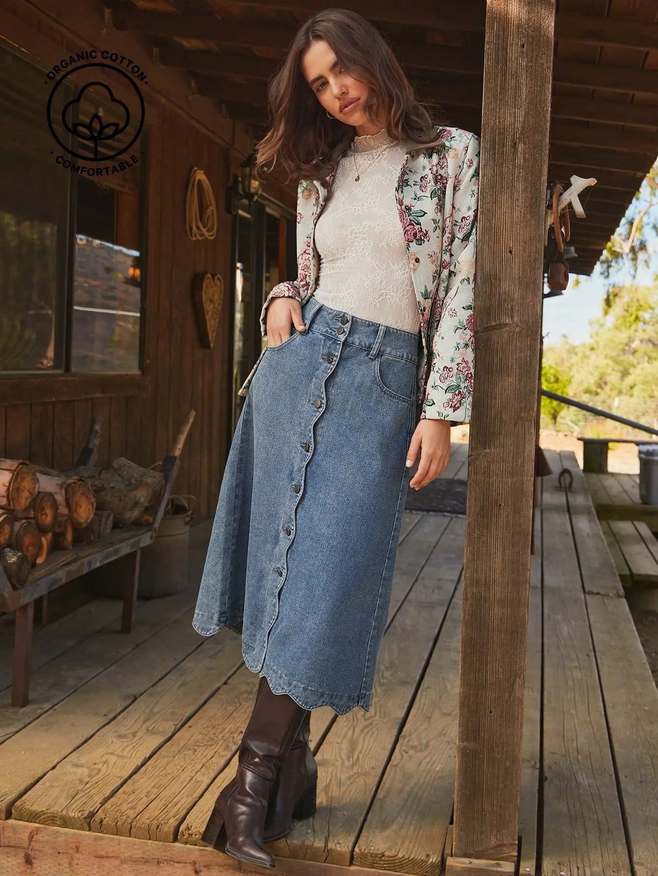 High Waist Scalloped Button Front Denim Midi Skirt For Women
