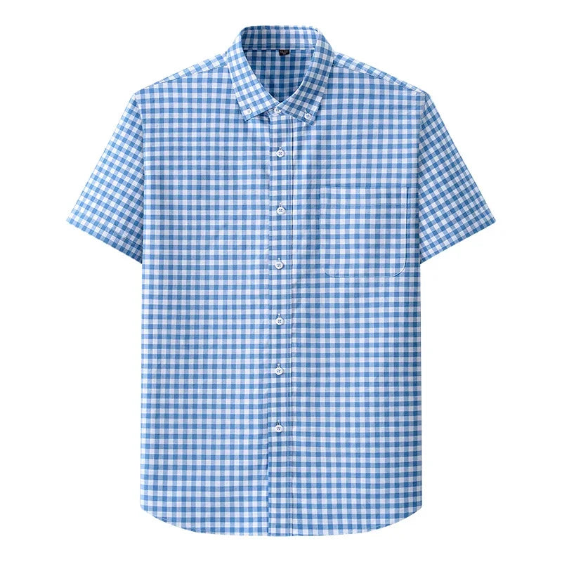 Browon Men Classic Short Sleeve Plaid Cotton Oxford Shirt
