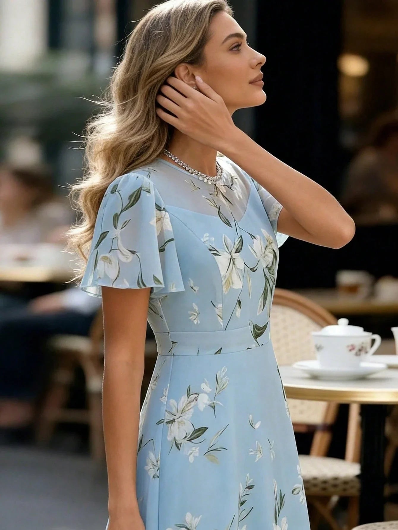 Elegant Blue Chiffon Floral Print Ruffle Sleeve A-Line Dress For Women