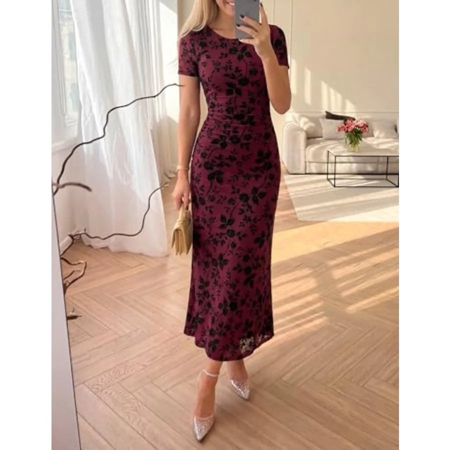 ZESICA Women's Summer Floral Bodycon Long Dress Ruched Mesh Beach Vacation Formal Cocktail Party Wedding Guest Maxi Dresses