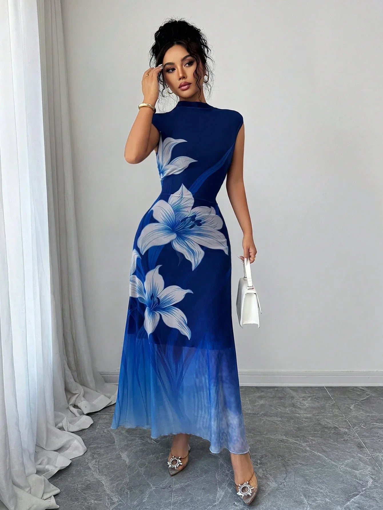 Navy Blue Ombre Mesh Floral Print Elegant Fitted A-Line Floor Length Dress