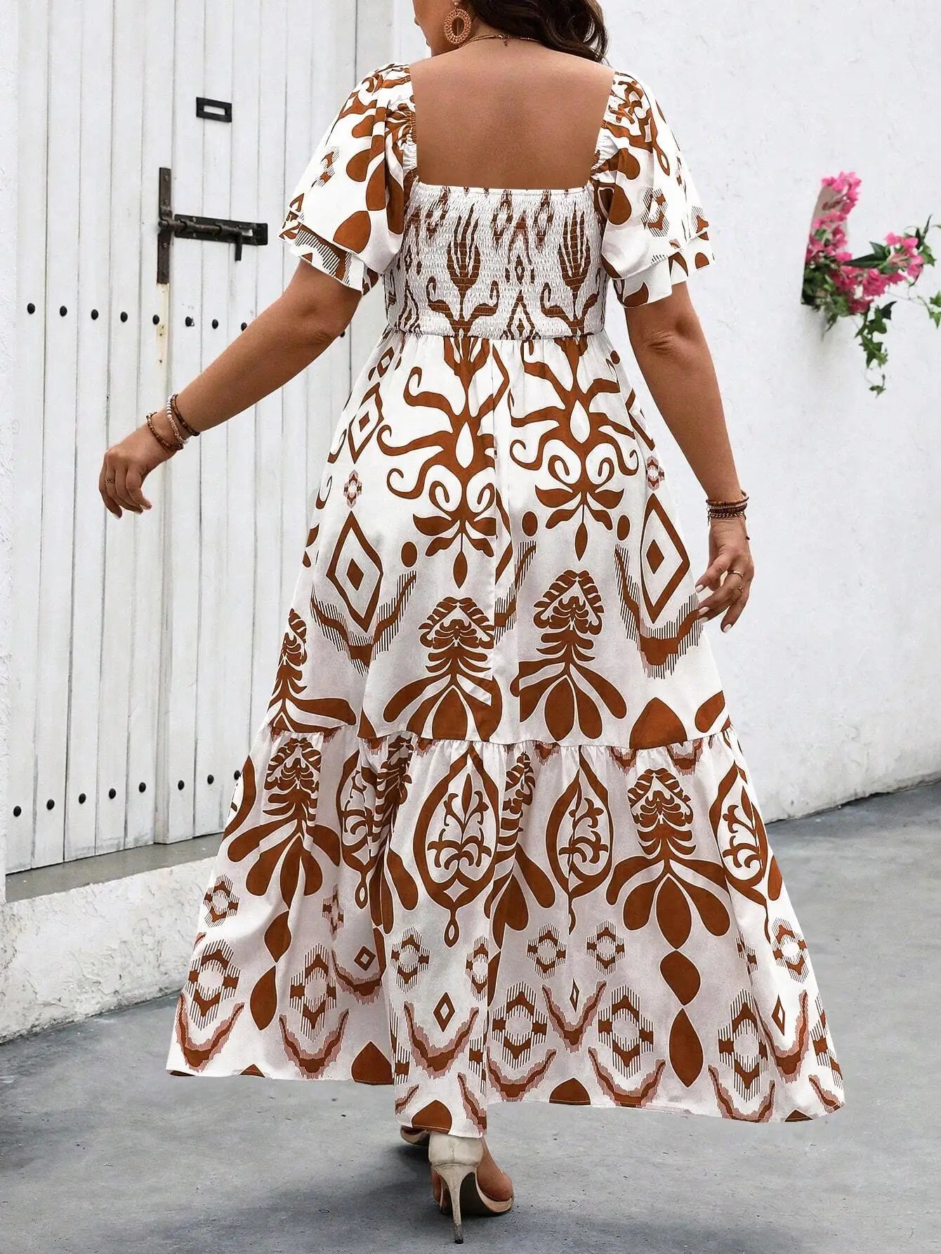 Women Casual Printed Boho Maxi Dress With Puff Sleeve Square Neck