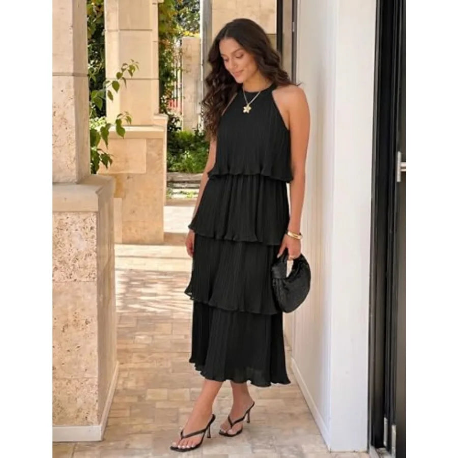ZESICA Women's 2026 Summer Sleeveless Halter Neck Ruffle Tie Layed Chiffon Flowy Swing Long Midi Dress