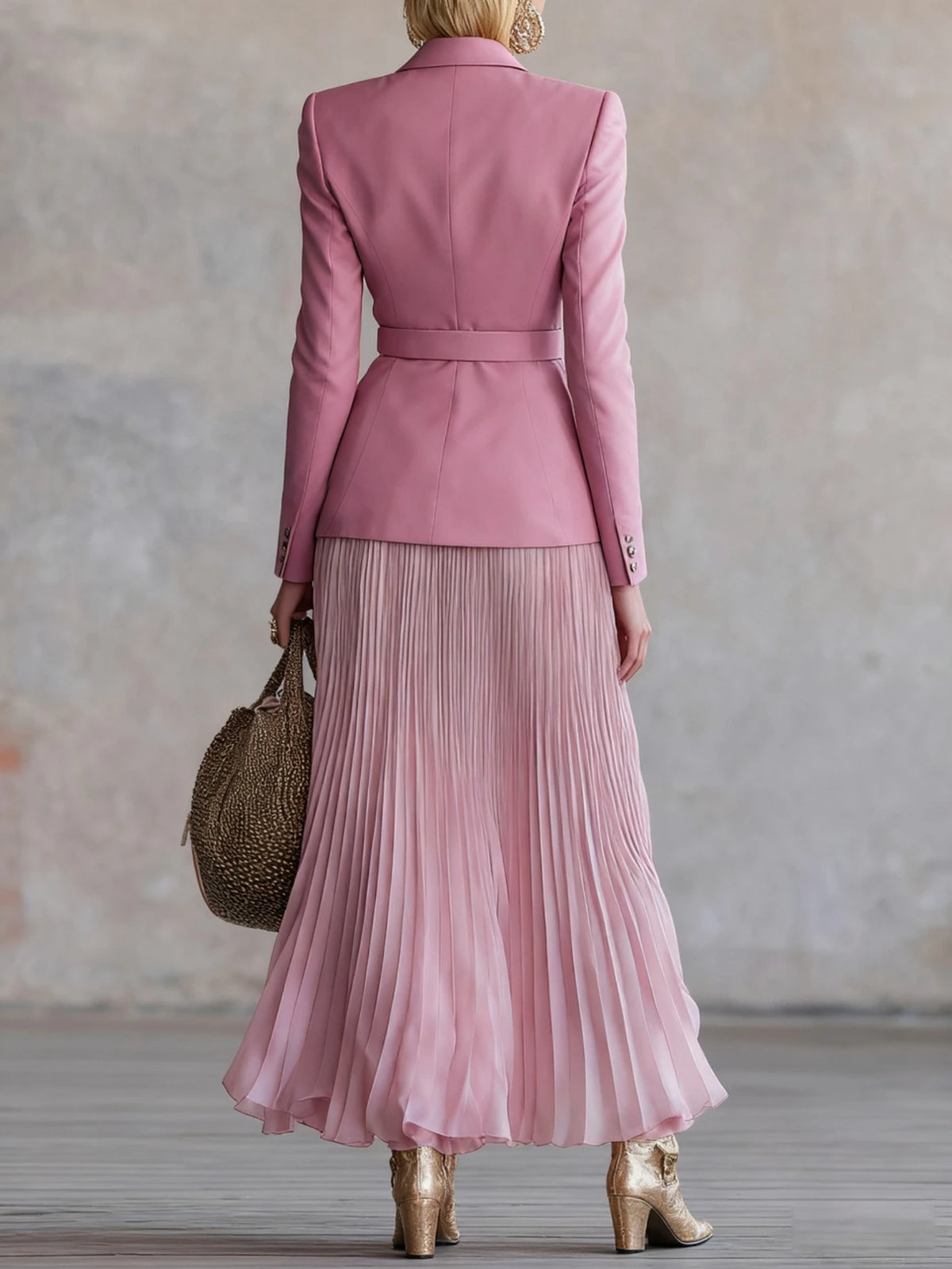Women Two Piece Notched Lapel Blazer with Pleated Skirt Suit