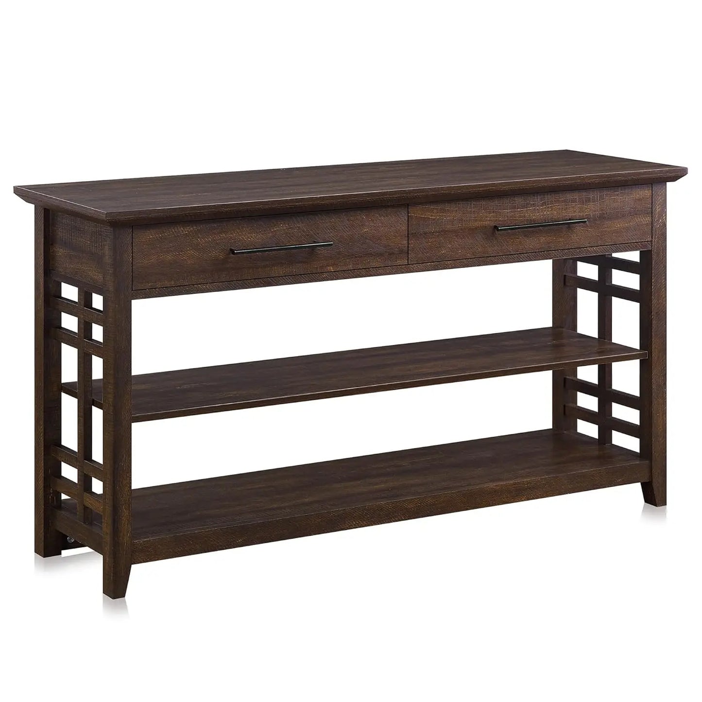Three-Tier Console Table With Storage Shelves And Drawers