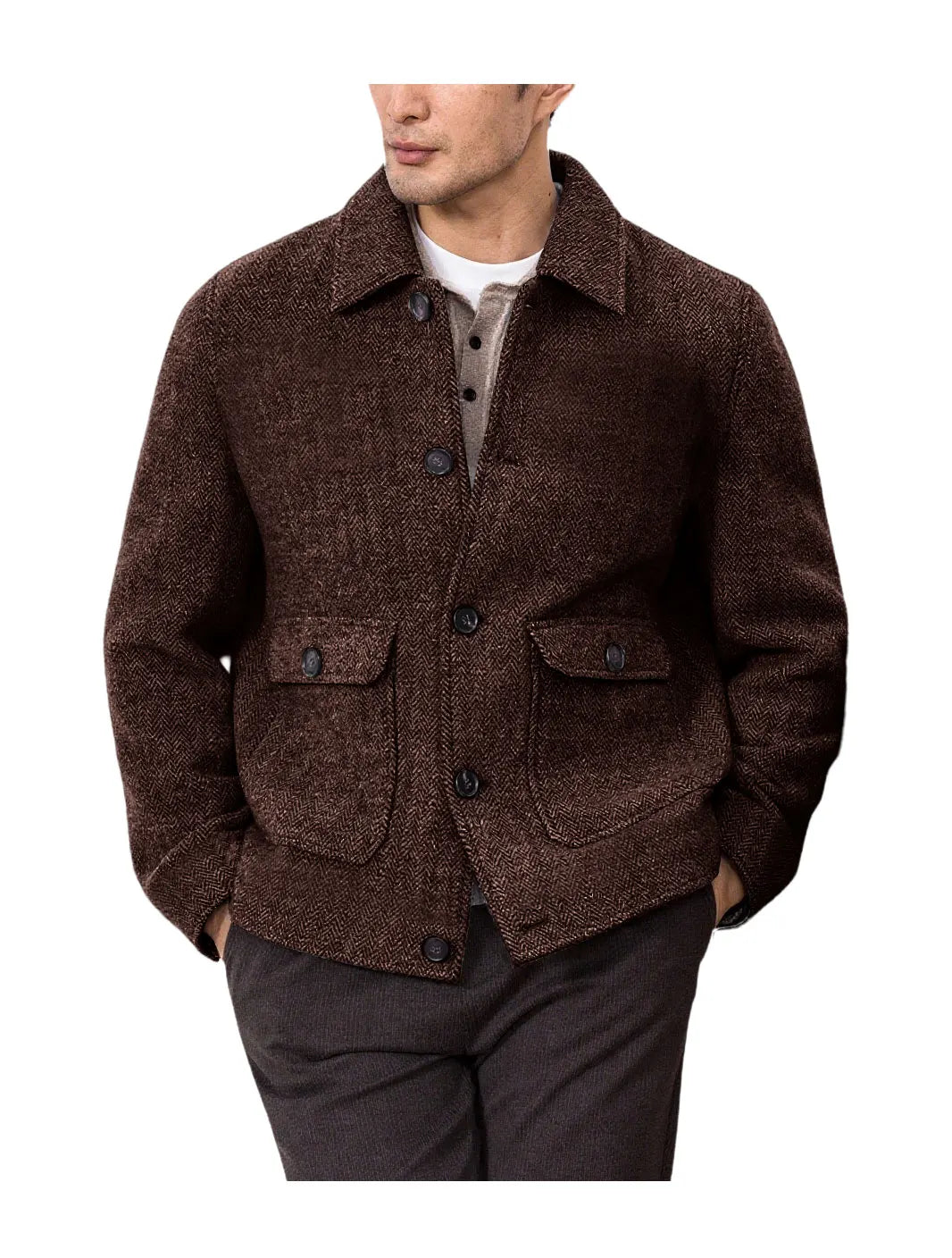 Men Vintage Herringbone Short Lapel Button Jacket Casual Outerwear For Daily Commute Weekend Dating Coffee Street Trip Gathering