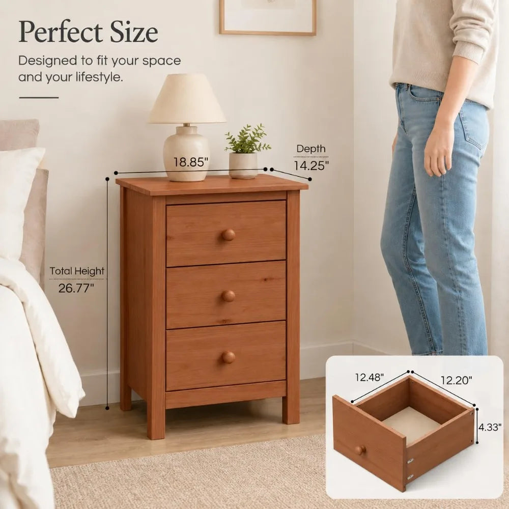 26.77" Tall Solid Pine Nightstand with 3 Storage Drawers, FSC Certified Honey Wood Bedside Table for Bedroom Storage, Customized