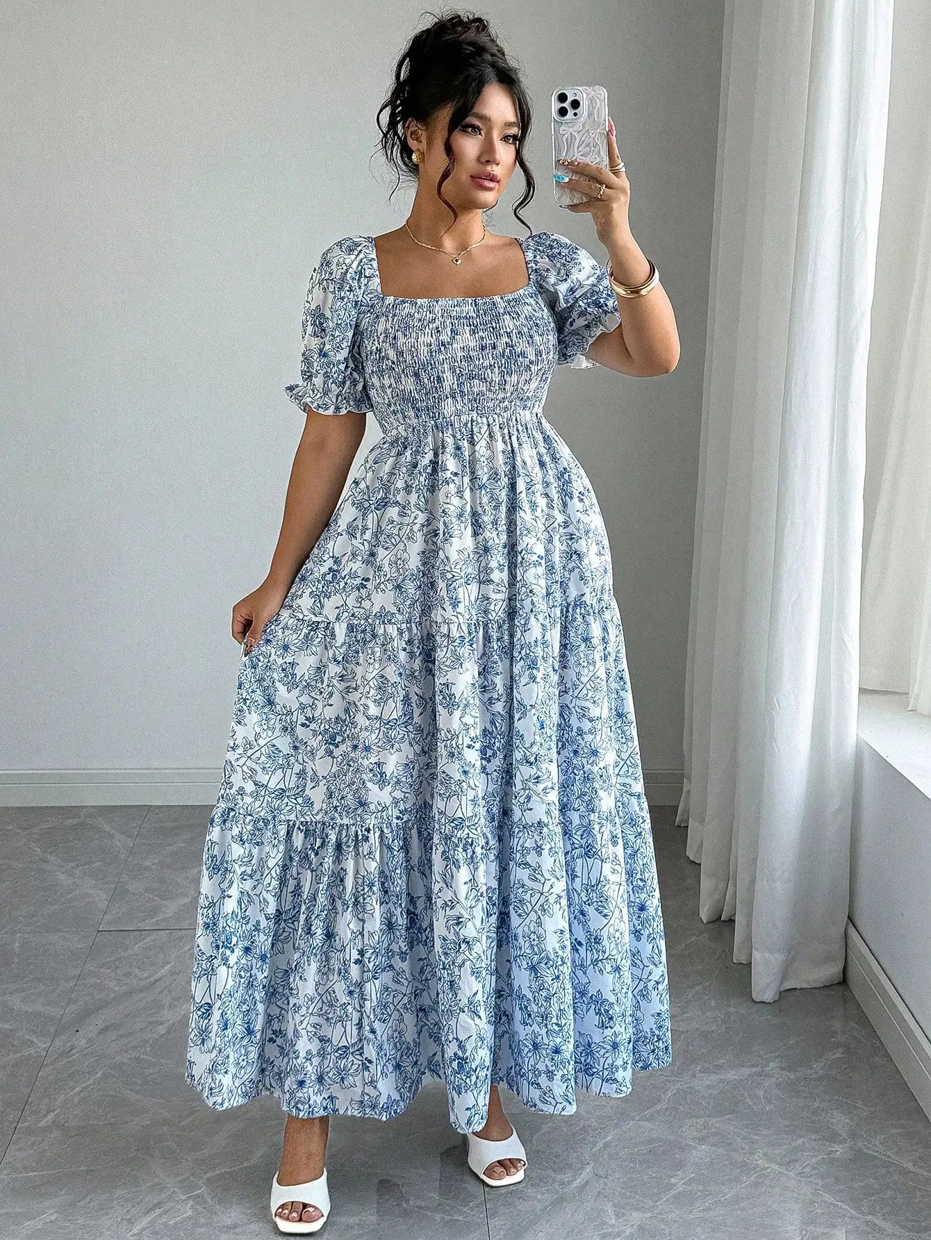 Elegant Square Neck Puff Sleeve Tiered Floral Maxi Dress