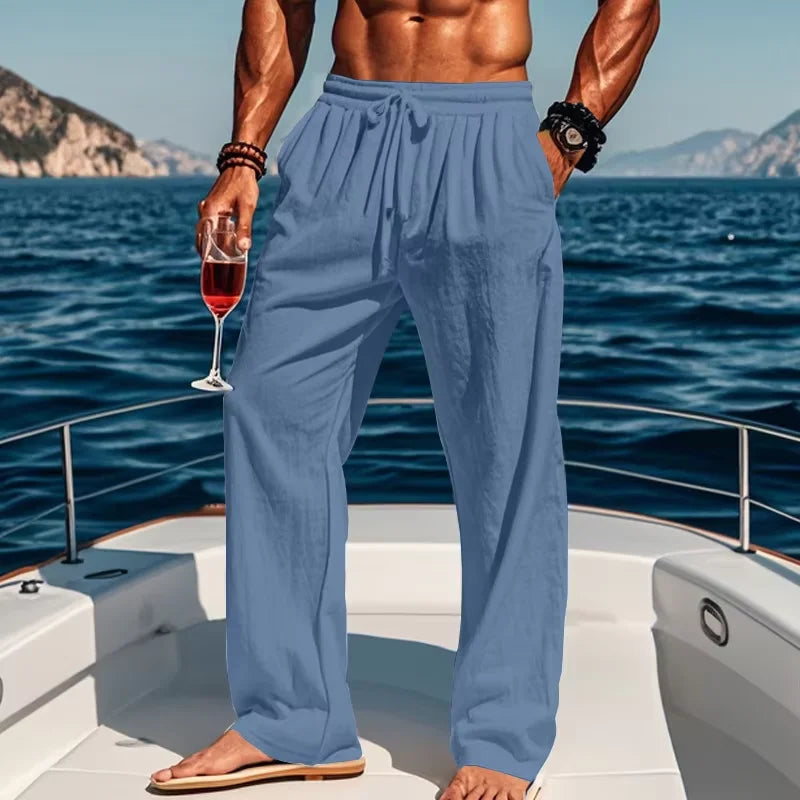 Men's Linen Casual Pants Elastic Drawstring Waist Wide Leg Trousers Summer Breathable Loose Fit Beach Pants Holiday Daily Wear