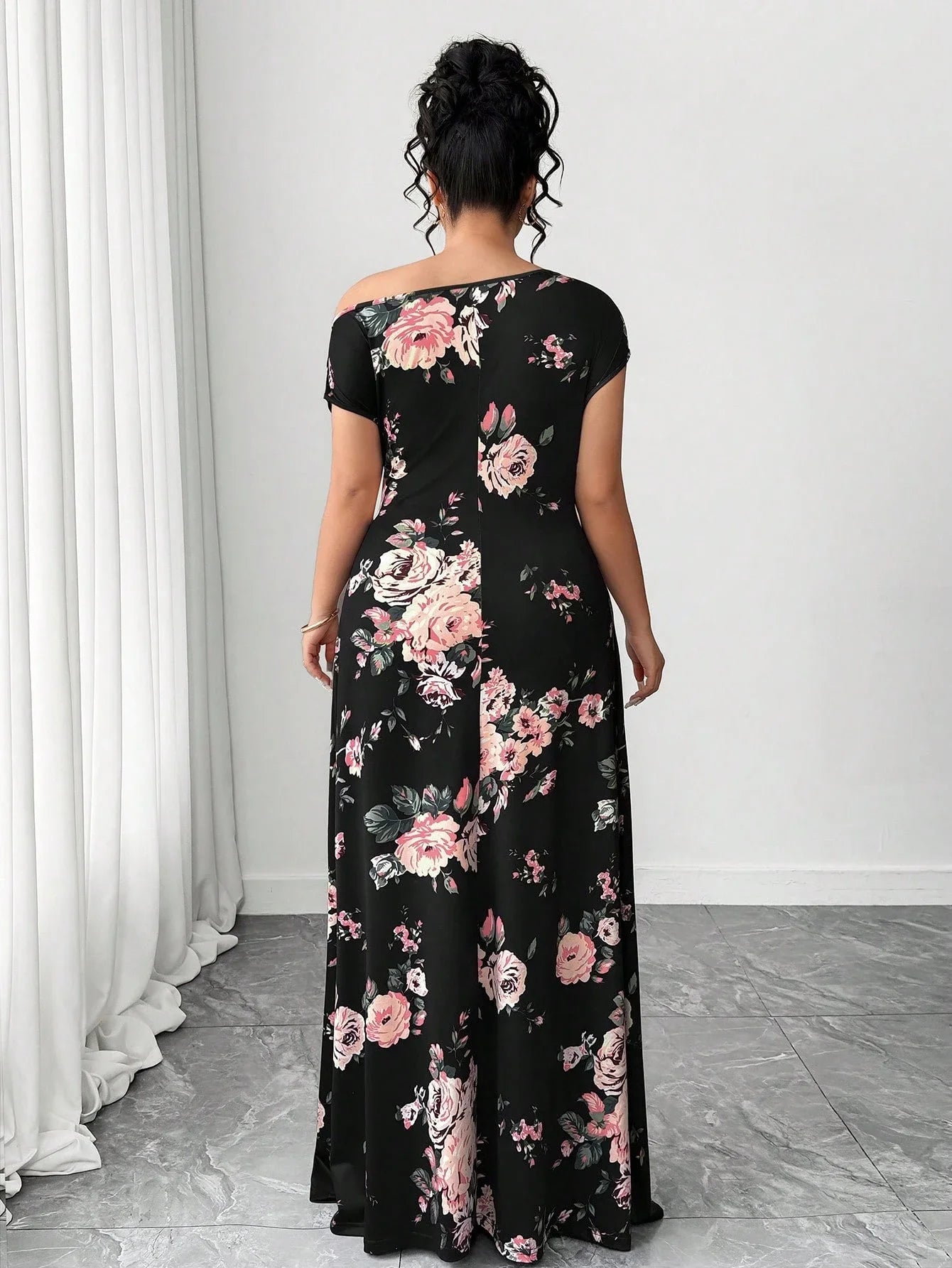 Off Shoulder Floral Print Short Sleeve Floor Length A-Line Dress For Women